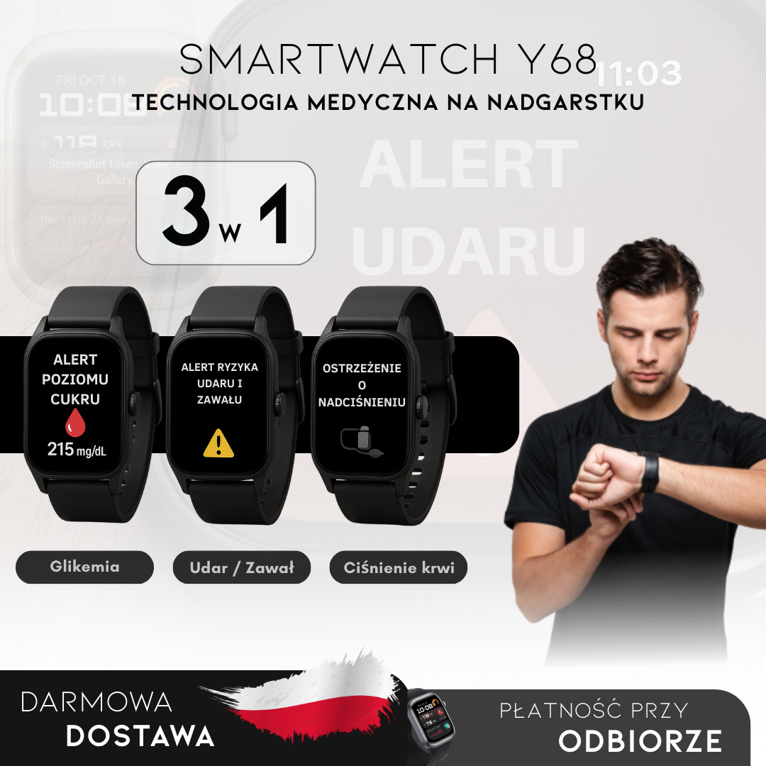 SmartWatch Y68 – Monitor medyczny 3 w 1 (glukoza, ciśnienie, ryzyko udaru) | Menu po polsku